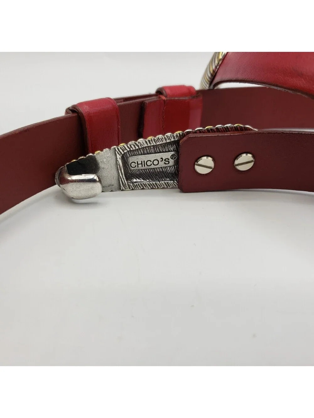 Chico's Red Leather Belt Adjustable M/L # 79984 Silver Gold Buckle
